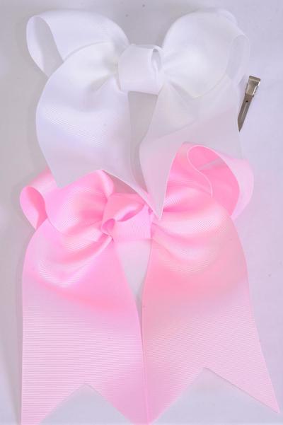 Hair Bow Extra Jumbo Long Tail Cheer Type Bow Baby Pink White Grosgrain Bow-tie / 12 pcs Bow = Dozen Alligator Clip , Size - 6.5" x 6" , 6 White , 6 Baby Pink Color Asst , Clip Strip & UPC Code