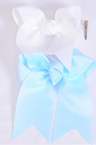 Hair Bow Extra Jumbo Long Tail Cheer Type Bow Baby Blue White Mix Grosgrain Bow-tie /12 pcs Bow = Dozen   Alligator Clip , Size - 6.5" x 6" Wide , 6 Baby Blue , 6 White Color Asst , Clip Strip & UPC Code