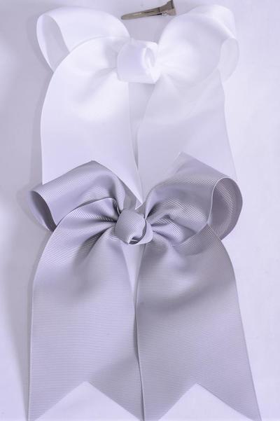 Hair Bow Extra Jumbo Long Tail White Gray Mix Grosgrain Bow-tie / 12 pcs Bow = Dozen Alligator Clip , Size - 6.5" x 6" Wide , 6 White , 6 Gray Color Asst , Clip Strip & UPC Code