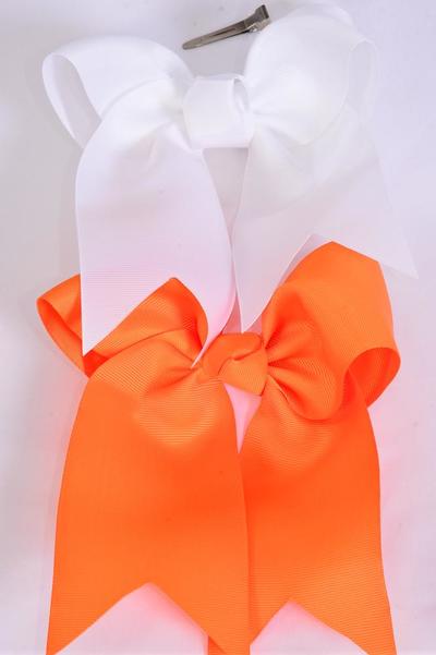 Hair Bow Extra Jumbo Long Tail Cheer Type Bow Orange White Mix Grosgrain Bow-tie / 12 pcs Bow = Dozen  Alligator Clip , Size - 6.5" x 6" Wide , 6 Orange , 6 White Color Asst , Clip Strip & UPC Code