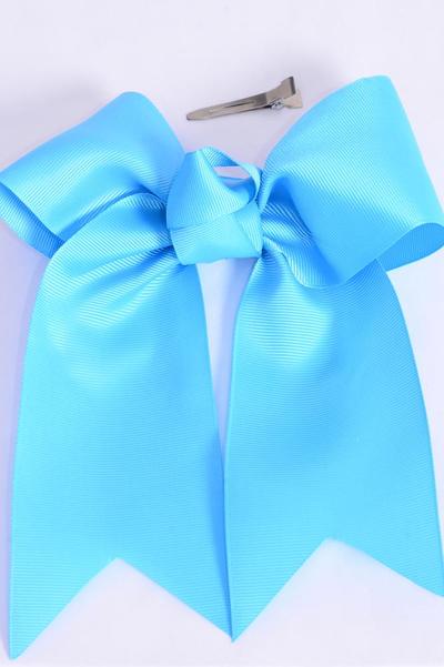 Hair Bow Extra Jumbo Long Tail Cheer Type Bow Turquoise Grosgrain Bow-tie /12 pcs Bow = Dozen Alligator Clip , Size-6.5"x 6" Wide , Clip Strip & UPC Code