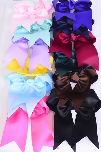 Hair Bow Extra Jumbo Long Tail Cheer Type Bow Pastel Dark Multi Mix Grosgrain Bow-tie / 12 pcs Bow = Dozen Alligator Clip , Size - 6.5" x 6" Wide , 12 Color Asst , Clip Strip and UPC Code