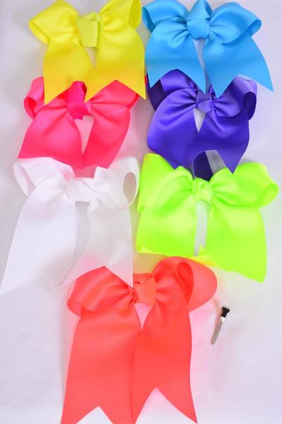 Hair Bow Extra Jumbo Long Tail Cheer Type Bow Caribbean Neon Grosgrain Bow-tie / 12 pcs Bow = Dozen  Alligator Clip , Size - 6.5" x 6" Wide , 2 Turquoise , 2 Orange , 2 White , 2 Purple , 2 Pink , 1 Yellow , 1 Lime Mix , Clip Strip and UPC Code