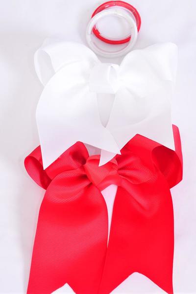 Hair Bow Extra Jumbo Long Tail Cheer Type Bow Elastic Red White Mix Grosgrain Bow-tie / 12 pcs Bow = Dozen  Elastic , Size - 6.5" x 6" Wide , 6 Red , 6 White Color Asst , Clip Strip & UPC Code