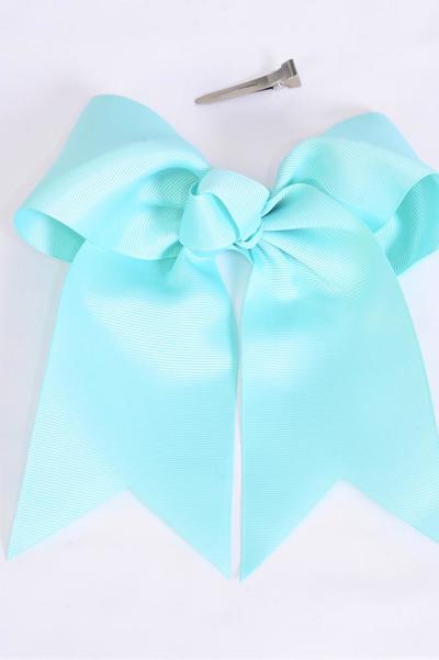 Hair Bow Extra Jumbo Long Tail Cheer Type Bow Mint Green Grosgrain Bow-tie / 12 pcs Bow = Dozen  Size-6.5"x 6" Wide , Alligator Clip , Clip Strip & UPC Code