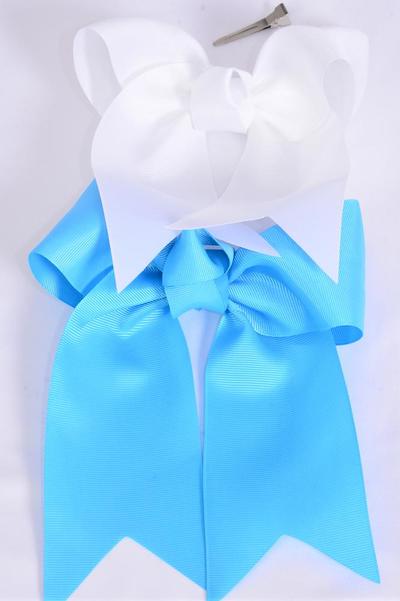 Hair Bow Extra Jumbo Long Tail Cheer Type Bow Turquoise White Mix Grosgrain Bow-tie / 12 pcs Bow = Dozen Alligator Clip , Size - 6.5" x 6" Wide , 6 Turquoise , 6 White Color Asst , Clip Strip & UPC Code