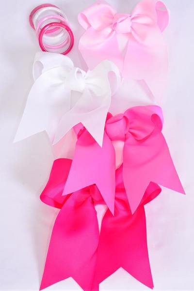 Hair Bow Extra Jumbo Long Tail Cheer Type Bow Pink Mix Elastic Grosgrain Bow-tie / 12 pcs Bow = Dozen Pink Mix , Elastic , Size - 6.5" x 6" Wide , 3 White , 3 baby Pink , 3 Hot Pink , 3 Fuchsia Color Asst , Clip Strip and UPC Code