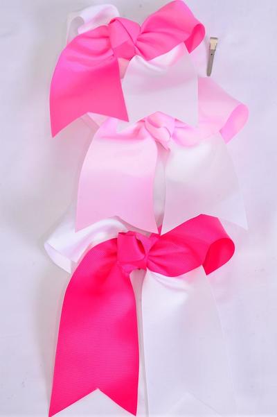 Hair Bow Extra Jumbo Long Tail Cheer Type Bow 2-Tone Pink White Mix Grosgrain Bow-tie / 12 pcs Bow = Dozen Alligator Clip , Size - 6.5" x 6" Wide , 4 Baby Pink , 4 Hot Pink , 4 Fuchsia Color Asst , Clip Strip & UPC Code