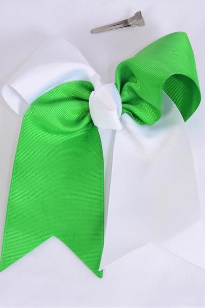 Hair Bow Extra Jumbo Long Tail Cheer Type Bow 2 Tone Kelly Green White Mix Grosgrain Bow-tie / 12 pcs Bow = Dozen Kelly Green White Mix , Alligator Clip , Size - 6.5" x 6" Wide , Clip Strip & UPC Code