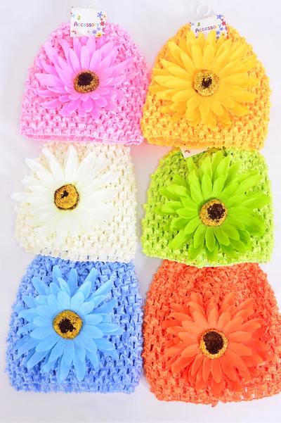 Kufi Hat Knitted Beanie Stretch Large Daisy Flower Multi / 12 pcs = Dozen Flower Size-4.5" Wide , 2 Pink , 2 Beige , 2 Yellow , 2 Blue , 2 Apple Green , 2 Orange Mix , Hang tag & UPC Code , Clear Box