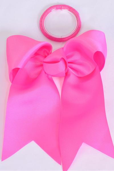 Hair Bow Extra Jumbo Long Tail Cheer Type Bow Hot Pink Elastic Grosgrain Bow-tie / 12 pcs Bow = Dozen Hot Pink , Elastic , Size - 6.5" x 6" Wide , Clip Strip and UPC Code