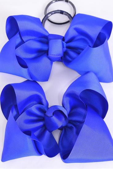 Hair Bow Extra Jumbo Cheer Type Bow Royal Blue Mix Elastic Pony Grosgrain Bow-tie / 12 pcs Bow = Dozen  Elastic Pony , Size - 8" x 7" Wide , 6 Electric Blue , 6 Cobalt Color Asst , Clip Strip & UPC Code