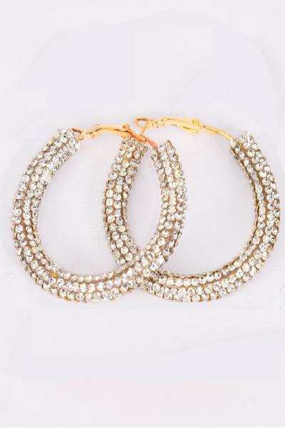 Earrings Loop Iridescent Gold Clear Stone / 12 pair = Dozen  Post , Size-1.75" Wide , Earring Card & OPP Bag & UPC Code