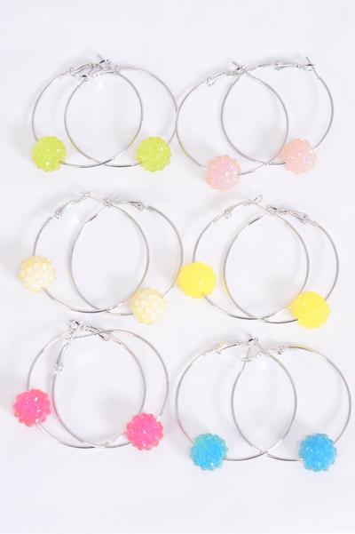 Earrings Silver Loop 14 mm Tiffany Ball Candy Color Mix / 12 pair = Dozen Post , Size - 2" Wide , 2 Fuchsia , 2 Blue , 2 Yellow , 2 White , 2 Lime , 2 Lavender Color Asst , Earring Card & OPP Bag & UPC Code