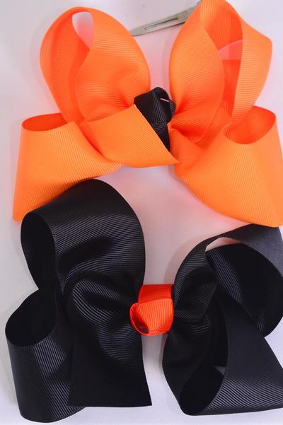 Hair Bow Large Black Orange Mix Grosgrain Bow-tie / 12 pcs Bow = Dozen   Alligator Clip , Bow - 5" x 4" Wide , 6 Autumn Orange , 6 Black Color Mix , Clip Strip & UPC Code