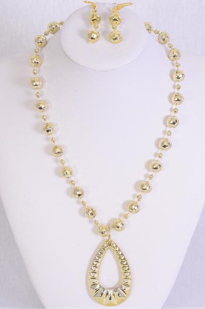 Necklace Sets Poly Teardrop Pendant / 12 pcs = Dozen Size - 20" Long , Choose Gold Or Silver Finish , Hang Tag & OPP Bag & UPC Code