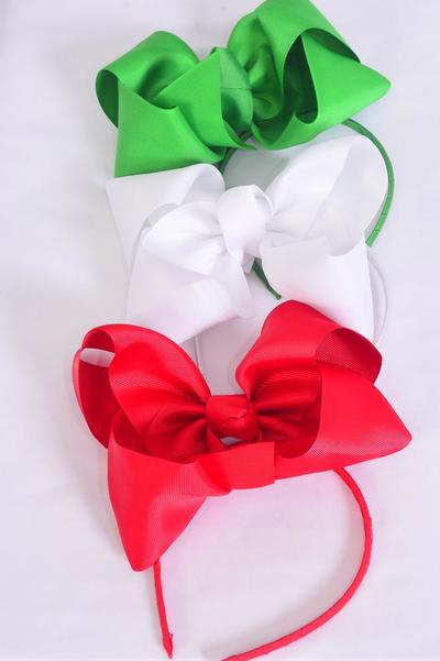 Headband Horseshoe Jumbo Christmas Grosgrain Bow-tie / 12 pcs = Dozen Bow Size-6" x 5", 4 Red ,4 White , 4 Green Color Asst , Hang Tag & UPC Code , Clear Box