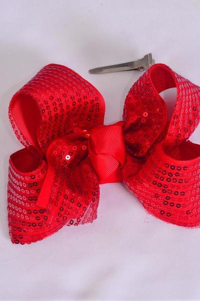 Hair Bow Jumbo Sequin Double Layered Grosgrain Bow-tie Red / 12 pcs Bow = Dozen Red , Alligator Clip , Size - 6"x 5" Wide , Clip Strip & UPC Code