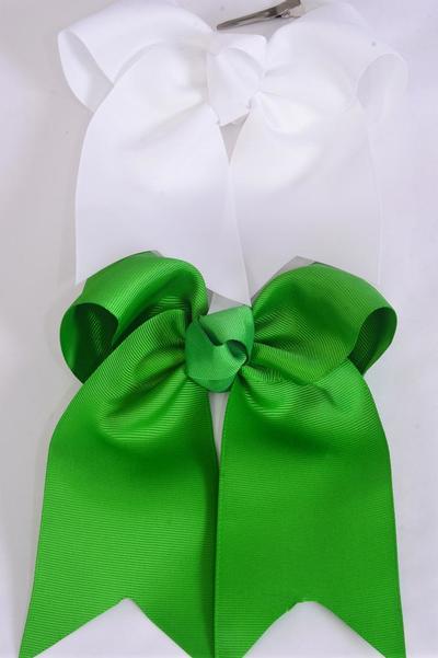 Hair Bow Extra Jumbo Long Tail Cheer Type Bow Kelly Green White Mix Grosgrain Bow-tie / 12 pcs Bow = Dozen Alligator Clip , Size - 6.5 x 6" Wide , 6 Kelly Green , 6 White Color Asst , Clip Strip & UPC Code