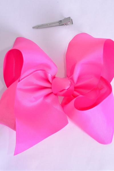 Hair Bow Jumbo Hot Pink Grosgrain Bow-tie / 12 pcs Bow = Dozen Hot Pink ,  Alligator Clip , Size - 6" x 5" Wide , Clip Strip & UPC Code