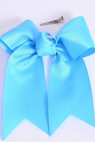 Hair Bow Extra Jumbo Long Tail Cheer Type Bow Turquoise Grosgrain Bow-tie /  12 pcs Bow = Dozen Alligator Clip , Size - 6.5" x 6" Wide , Clip Strip & UPC Code