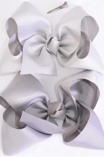 Hair Bow Extra Jumbo Cheer Type Bow Gray mix Grosgrain Bow-tie / 12 pcs Bow = Dozen Gray Mix , Alligator Clip , Size - 8" x 7" Wide ,  6 of each Pattern Asst , Clip Strip & UPC Code