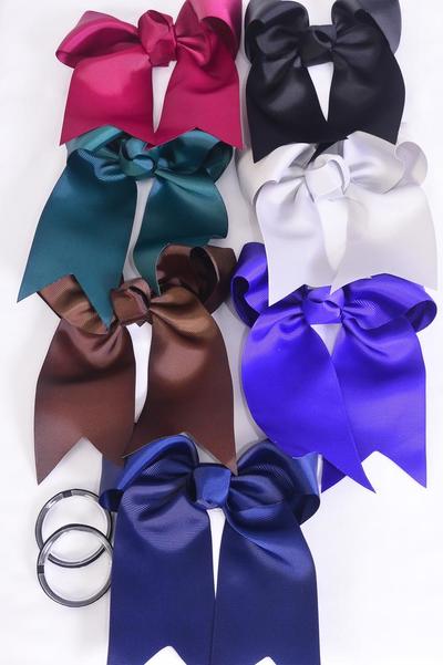 Hair Bow Extra Jumbo Long Tail Cheer Type Bow Elastic Dark Multi Grosgrain Bow-tie / 12 pcs Bow = Dozen  Dark Multi , Elastic ,Size-6.5"x 6" Wide ,2 Black ,2 Brown ,2 Navy ,2 Wine ,2 Hunter Green ,2 Purple Mix ,Clip Strip & UPC Code