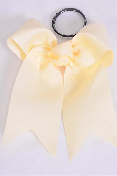 Hair Bow Extra Jumbo Long Tail Cheer Type Bow Ivory Elastic Beige Grosgrain Bow-tie / 12 pcs Bow = Dozen  Elastic , Size - 6.5" x 6" Wide , Clip Strip & UPC Code
