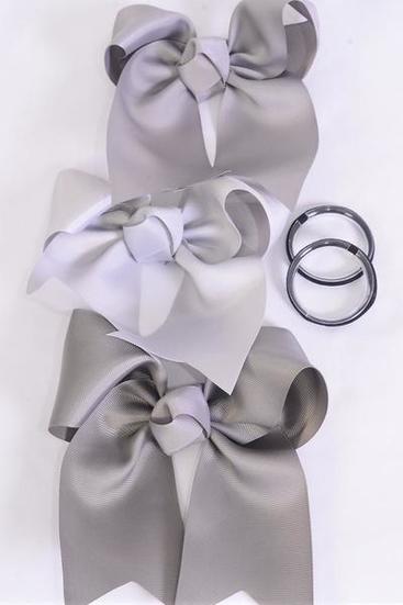 Hair Bow Extra Jumbo Long Tail Cheer Type Bow Gray Mix Elastic Grosgrain Bow-tie / 12 pcs Bow = Dozen Gray Mix , Elastic , Size- 6.5"x 6" Wide , 4 shell Gray , 4 Light Gray , 4 Silver Color Asst , Clip Strip & UPC Code