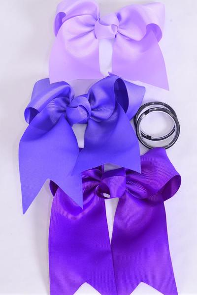 Hair Bow Extra Jumbo Long Tail Cheer Type Bow Purple Mix Elastic Grosgrain Bow-tie / 12 pcs Bow = Dozen Purple Mix , Elastic , Size- 6.5"x 6" Wide , 4 Purple , 4 Violet , 4 Lavender Color Asst ,Clip Strip & UPC Code