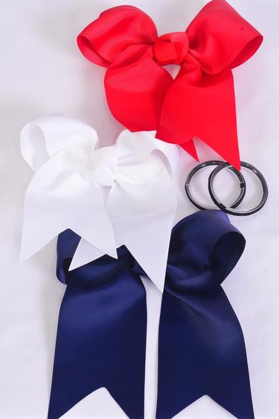 Hair Bow Jumbo Long Tail Cheer Type Bow Elastic Cheer Type Bow Grosgrain Bow-tie Red White Navy Mix / 12 pcs Bow = Dozen Elastic , Size - 6.5" x 6" Wide , 4 Red , 4 White , 4 Navy Color Asst , Clip Strip & UPC Code