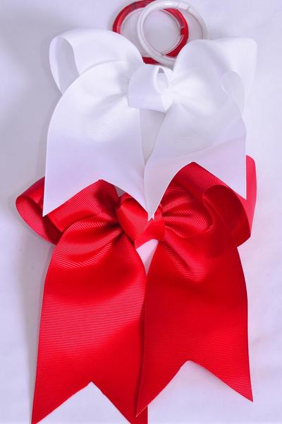 Hair Bow Extra Jumbo Long Tail Cheer Type Bow Elastic Red & White Mix Grosgrain Bow-tie / 12 pcs Bow = Dozen  Elastic , Size - 6.5" x 6" Wide , 6 of each Color Asst , Clip Strip & UPC Code