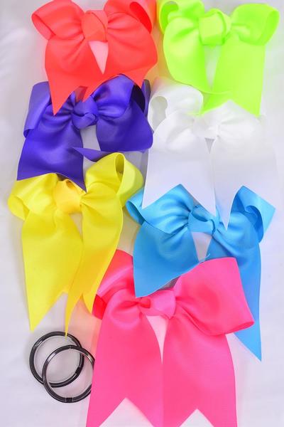 Hair Bow Extra Jumbo Long Tail Cheer Type Bow Caribbean Neon Elastic Grosgrain Bow-tie / 12 pcs Bow = Dozen Caribbean Neon , Elastic , Size-6.5"x 6" Wide , 2 Pink , 2 Orange , 2 Purple , 2 Blue, 2 White, 1 Lime, 1 Yellow Color Asst, Clip Strip & UPC Code