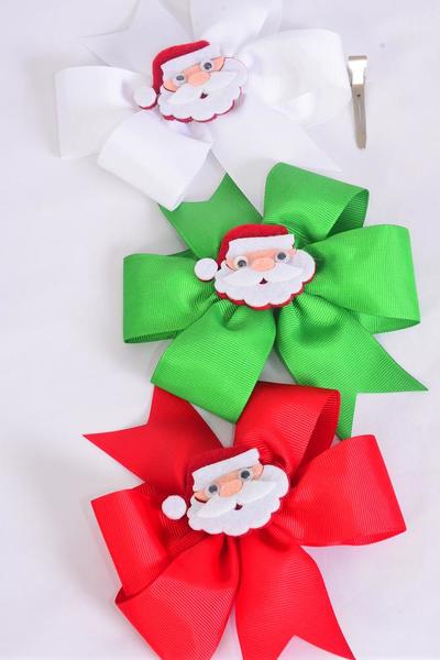 Hair Bow Jumbo XMAS Santa Red White Green Mix Grosgrain Bow-tie/DZ Alligator Clip, Size-6"x 6" Wide, 4 of each Color Asst, Clip Strip & UPC Code