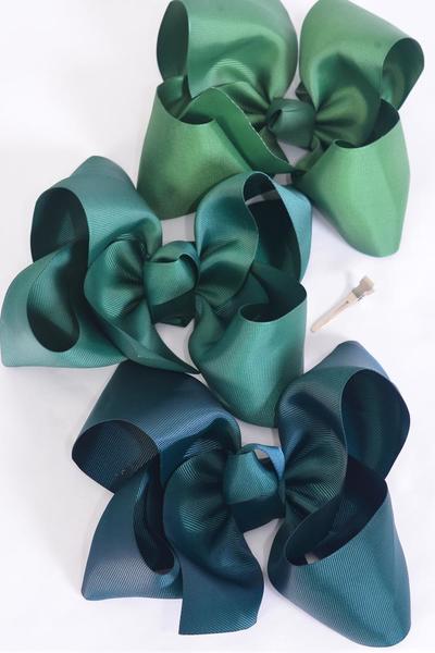 Hair Bow Extra Jumbo Cheer Type Bow Hunter Green Mix Grosgrain Bow-tie /  12 pcs Bow = Dozen Hunter Green Mix , Alligator Clip , Size- 8"x 7" Wide , 4 Spruces , 4 Hunter Green , 4 Forest Green Color Asst , Clip Strip & UPC Code