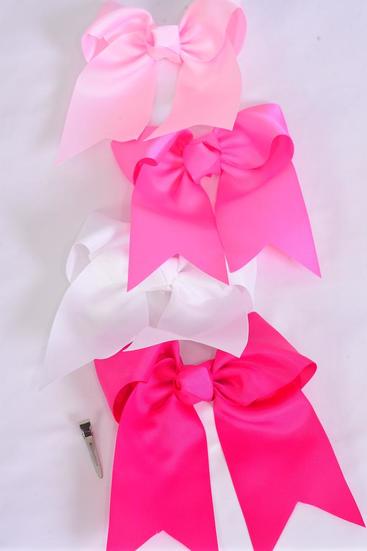 Hair Bow Extra Jumbo Long Tail Pink Mix Grosgrain Bow-tie /12 pcs Bow = Dozen  Alligator Clip , Size - 6.5" x 6" Wide , 4 Baby Pink , 4 Hot Pink , 4 Fuchsia Color Mix , Clip Strip & UPC Code