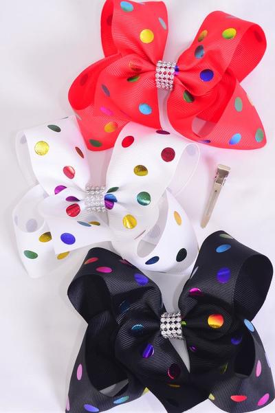 Hair Bow Jumbo Metallic Holographic Polka dots Red White Black Mix Grosgrain Bow-tie / 12 pcs Bow = Dozen Alligator Clip , Size - 6 "x 5" Wide , 4 Red , 4 White , 4 Black Color Asst , Clip Strip & UPC Code