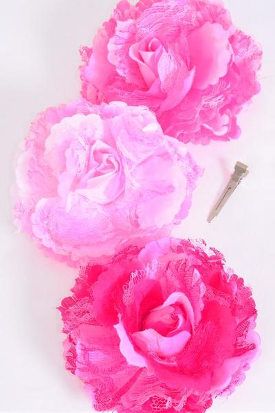 Flower Silk Flower Jumbo Rose Satin Lace Mix  Pink Color Mix / 12 pcs Flower = Dozen  Size - 5" Wide , w Alligator Clip & Brooch , 4 Fuchsia , 4 Hot Pink , Baby Pink Color Mix , Display Card & UPC Code , W Clear Box