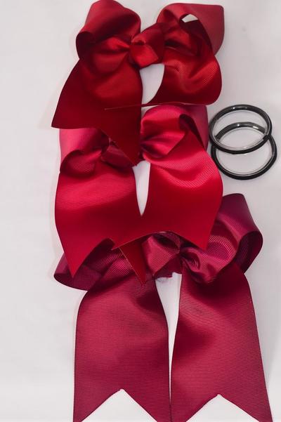 Hair Bow Extra Jumbo Long Tail Cheer Type Bow Burgundy Mix  Elastic Grosgrain Bow-tie / 12 pcs Bow = Dozen Burgundy Mix , Elastic , Size - 6.5" x 6" Wide , 4 Burgundy , 4 Wine , 4 sherry Color Asst , Clip Strip and UPC Code