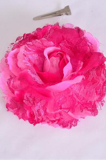 Flower Silk Flower Jumbo Rose Satin & Lace Mix Alligator Clip & Brooch Fuchsia / 12 pcs Flower = Dozen   Size - 5" Wide , Alligator Clip & Brooch , Display Card & UPC Code , Clear Box