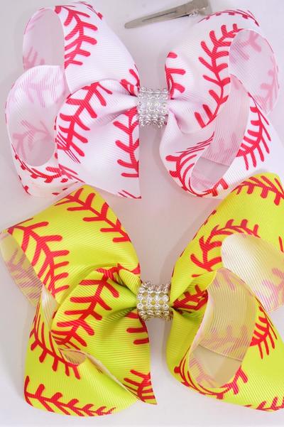 Hair Bow Jumbo Softball Grosgrain Bow-tie / 12 pcs Bow = Dozen Alligator Clip , Size-6"x 5" Wide , 6 Of Each Pattern Asst , Clip Strip & UPC Code
