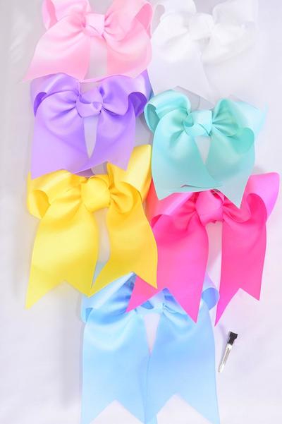 Hair Bow Extra Jumbo Long Tail Cheer Type Bow Pastel Grosgrain Bow-tie /12 pcs Bow = Dozen Alligator Clip , Size - 6.5" x 6" , 2 White , 2 Baby Pink , 2 Lavender , 2 Hot Pink , 2 Mint , 1 Blue , 1 Yellow Color Asst , Clip Strip & UPC Code