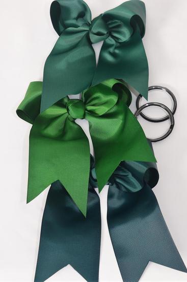 Hair Bow Extra Jumbo Long Tail Cheer Type Bow Hunter Green Elastic Grosgrain Bow-tie / 12 pcs Bow = Dozen Green Mix , Elastic , Size - 6.5" x 6" Wide , 4 Hunter Green , 4 Forest Green , 4 Spruce Color Asst , Clip Strip & UPC Code