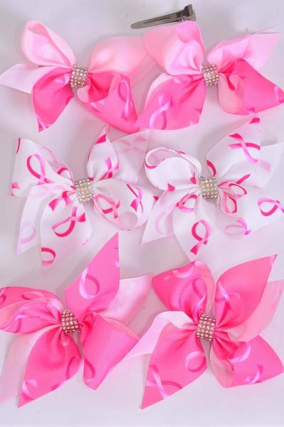 Hair Bow 24 pcs Pink Ribbon Grosgrain Bow-tie / 24 pcs Bow = Dozen  Alligator Clip , Size - 4" x 3.5" Wide , 4 of each Pattern Asst , Clip Strip & UPC Code , 24 pcs per Strip
