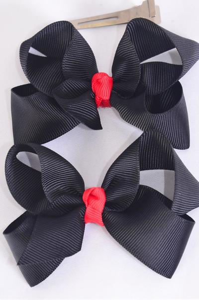 Hair Bow 24 pcs Black Center Red Knot Grosgrain Bow-tie / 12 pcs Bow = Dozen  Black Red Knot , Alligator Clip , Size-3"x 2" Wide , Clip Strip & UPC Code