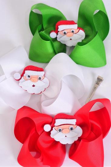 Hair Bow Jumbo Christmas Santa Charm Red White Green Mix Grosgrain Bow-tie / 12 pcs Bow = Dozen Xmas , Alligator Clip , Size - 6"x 5" Wide , 4 of each Pattern Asst , Clip Strip & UPC Code
