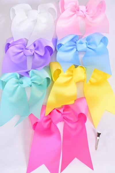 Hair Bow Extra Jumbo Long Tail Cheer Type Bow Pastel Grosgrain Bow-tie /12 pcs Bow = Dozen Size-6.5"x 6" Wide , Alligator Clip ,2 White ,2 Baby Pink ,2 Lavender ,2 Hot Pink ,2 Mint Green ,1 Blue ,1 Yellow Color Asst ,Clip Strip & UPC Code