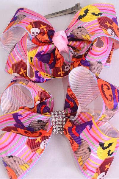 Hair Bow Jumbo Halloween Jack O'lantern Tombstone Grosgrain Bow-tie / 12 pcs Bow = Dozen Alligator Clip , Size-6"x 5" Wide , Clip Strip & UPC Code