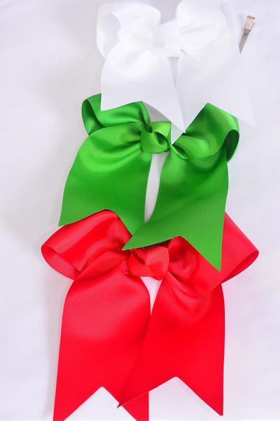 Hair Bow Extra Jumbo Long Tail XMAS Cheer Type Bow Grosgrain Bow-tie /  12 pcs Bow = Dozen Alligator Clip , Size-6.5"x 6" Wide , 4 Red , 4 White , 4 Green Color Mix , Clip Strip & UPC Cod