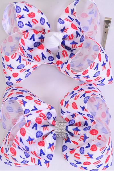 Hair Bow Jumbo Patriotic- USA Grosgrain Bow-tie / 12 pcs Bow = Dozen  Alligator Clip , Size-6"x 5" Wide , 6 Of each Pattern Mix , Clip Strip & UPC Code